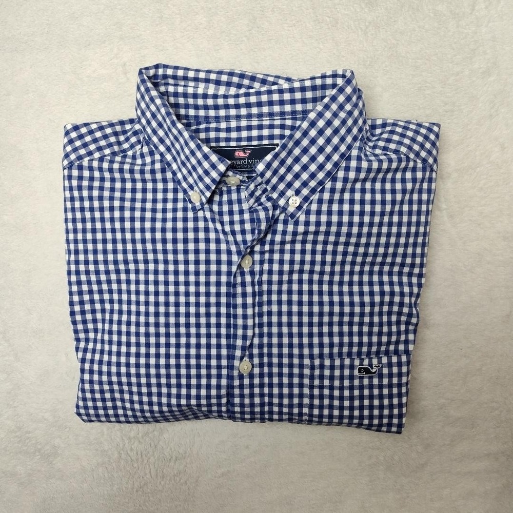 Vineyard Vines Shirt Mens M Blue Gingham Plaid Button Up Work Dress Stretch